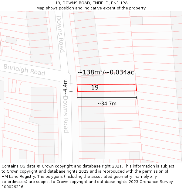 19, DOWNS ROAD, ENFIELD, EN1 1PA: Plot and title map
