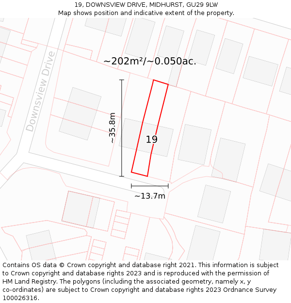 19, DOWNSVIEW DRIVE, MIDHURST, GU29 9LW: Plot and title map
