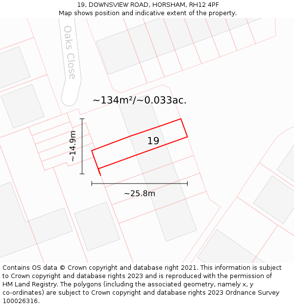 19, DOWNSVIEW ROAD, HORSHAM, RH12 4PF: Plot and title map