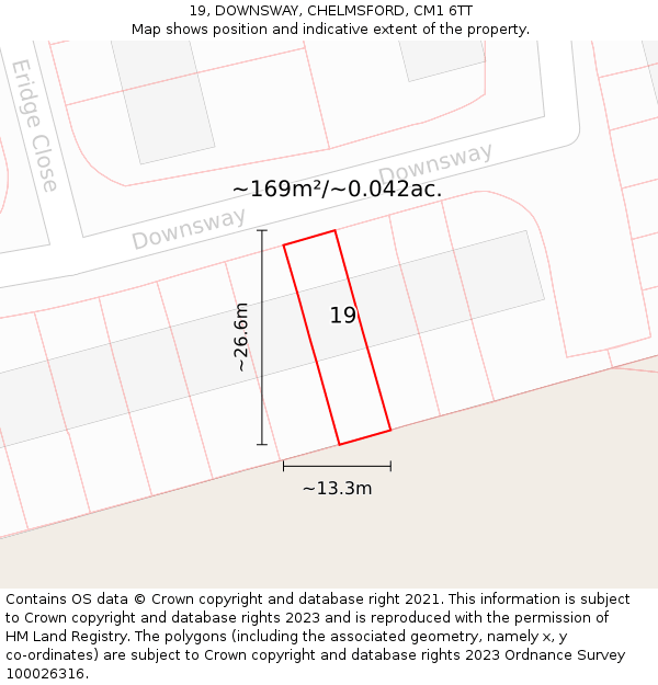 19, DOWNSWAY, CHELMSFORD, CM1 6TT: Plot and title map