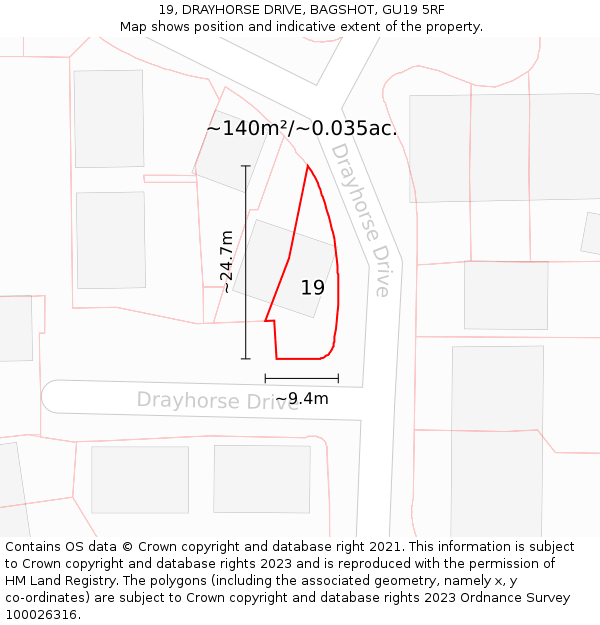 19, DRAYHORSE DRIVE, BAGSHOT, GU19 5RF: Plot and title map