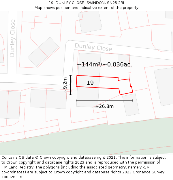 19, DUNLEY CLOSE, SWINDON, SN25 2BL: Plot and title map