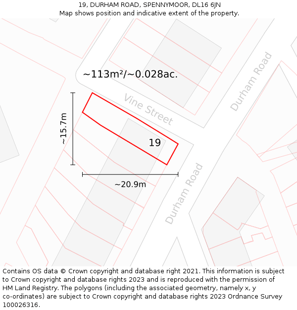 19, DURHAM ROAD, SPENNYMOOR, DL16 6JN: Plot and title map