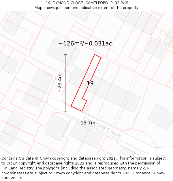 19, DYMOND CLOSE, CAMELFORD, PL32 9US: Plot and title map