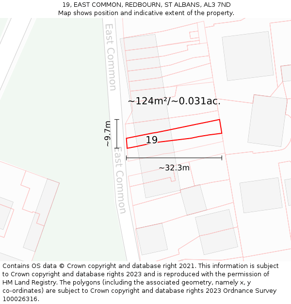 19, EAST COMMON, REDBOURN, ST ALBANS, AL3 7ND: Plot and title map