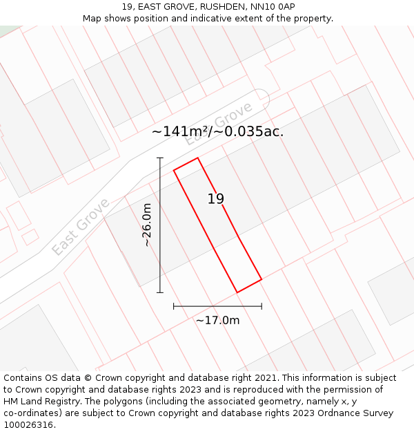 19, EAST GROVE, RUSHDEN, NN10 0AP: Plot and title map