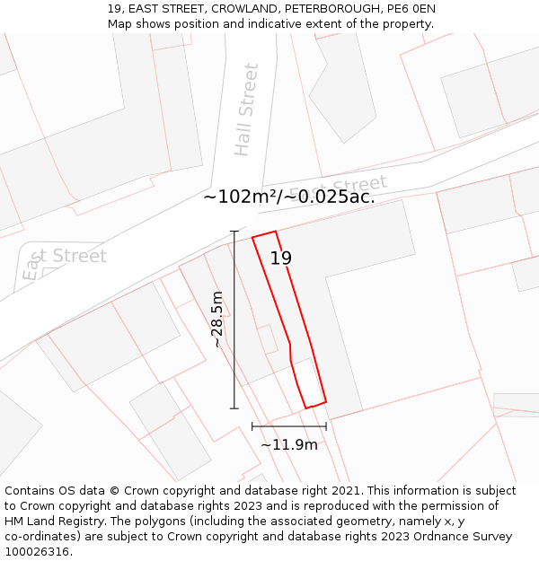 19, EAST STREET, CROWLAND, PETERBOROUGH, PE6 0EN: Plot and title map
