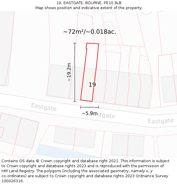 19, EASTGATE, BOURNE, PE10 9LB: Plot and title map