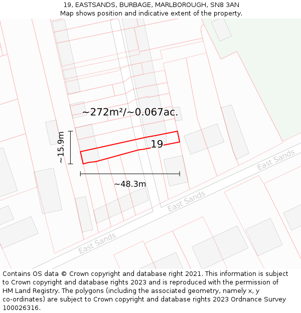 19, EASTSANDS, BURBAGE, MARLBOROUGH, SN8 3AN: Plot and title map