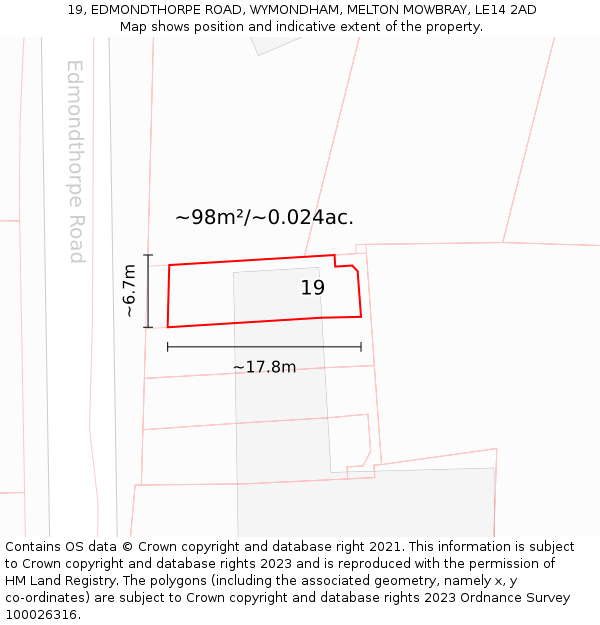19, EDMONDTHORPE ROAD, WYMONDHAM, MELTON MOWBRAY, LE14 2AD: Plot and title map