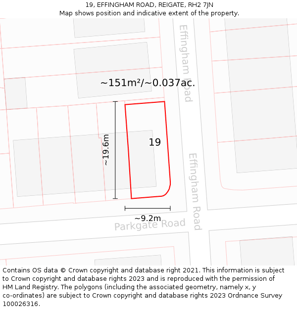 19, EFFINGHAM ROAD, REIGATE, RH2 7JN: Plot and title map