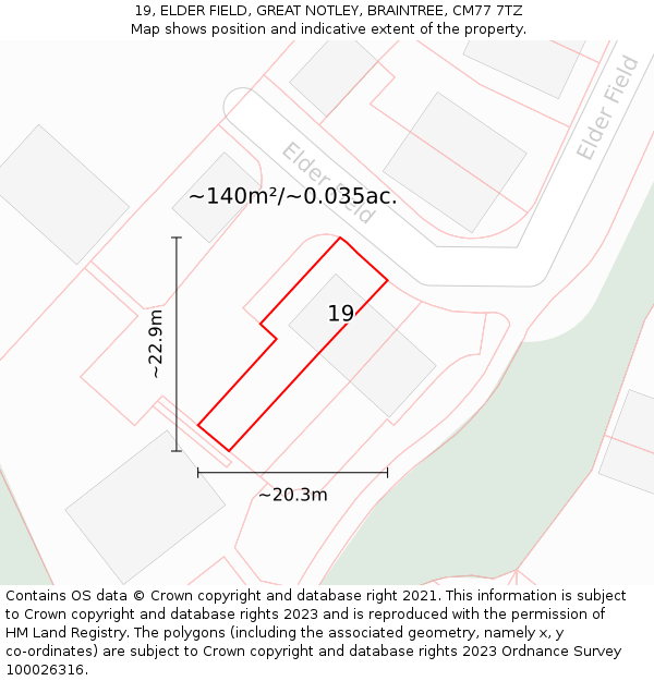 19, ELDER FIELD, GREAT NOTLEY, BRAINTREE, CM77 7TZ: Plot and title map