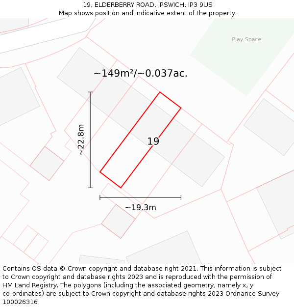 19, ELDERBERRY ROAD, IPSWICH, IP3 9US: Plot and title map