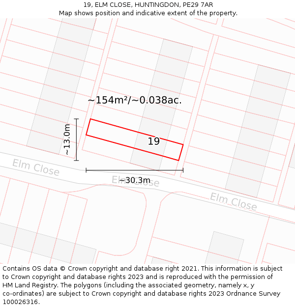 19, ELM CLOSE, HUNTINGDON, PE29 7AR: Plot and title map
