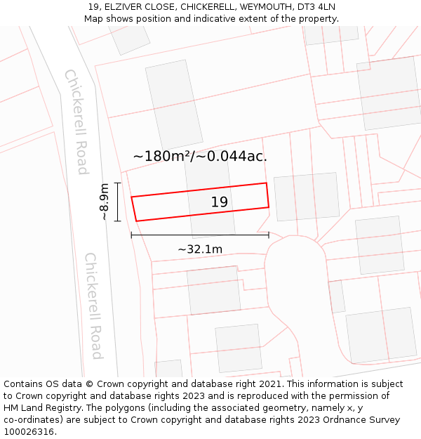 19, ELZIVER CLOSE, CHICKERELL, WEYMOUTH, DT3 4LN: Plot and title map
