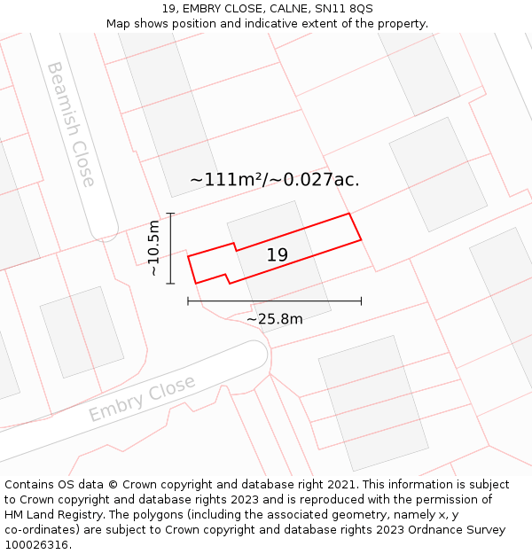 19, EMBRY CLOSE, CALNE, SN11 8QS: Plot and title map