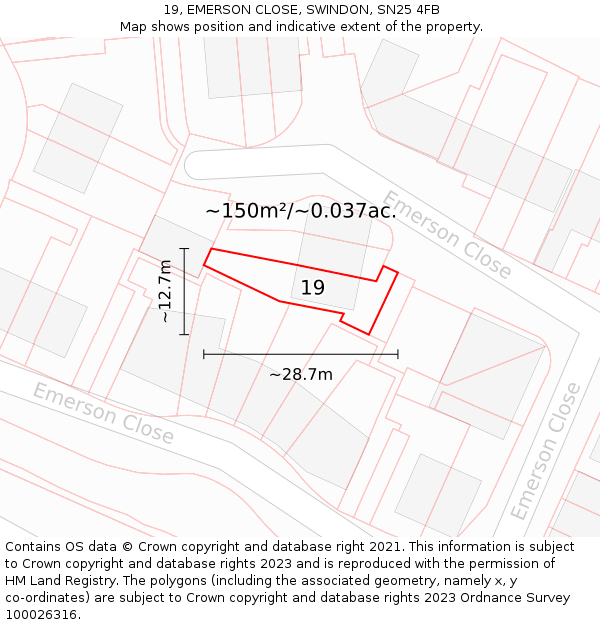 19, EMERSON CLOSE, SWINDON, SN25 4FB: Plot and title map