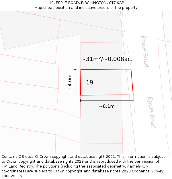 19, EPPLE ROAD, BIRCHINGTON, CT7 9AP: Plot and title map