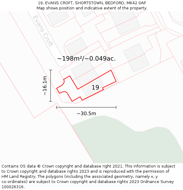19, EVANS CROFT, SHORTSTOWN, BEDFORD, MK42 0AP: Plot and title map