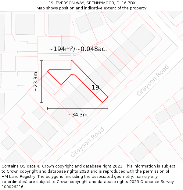 19, EVERSON WAY, SPENNYMOOR, DL16 7BX: Plot and title map