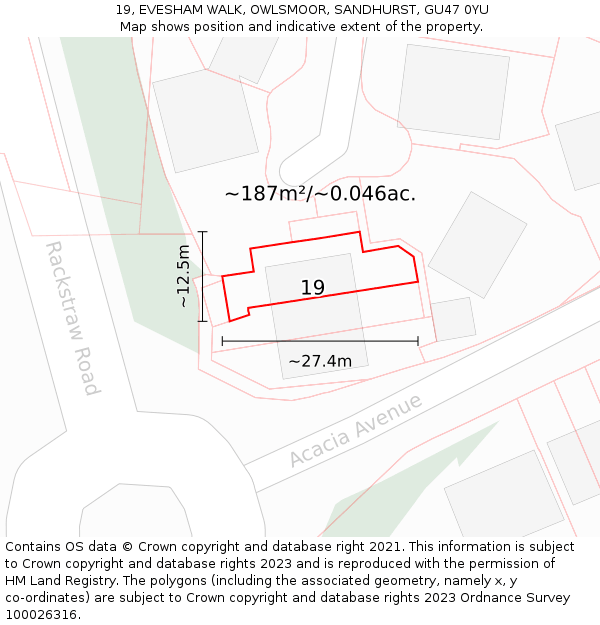 19, EVESHAM WALK, OWLSMOOR, SANDHURST, GU47 0YU: Plot and title map