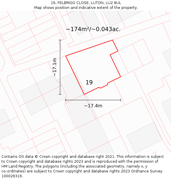 19, FELBRIGG CLOSE, LUTON, LU2 8UL: Plot and title map