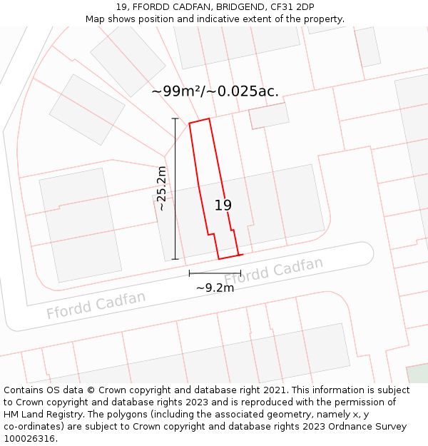 19, FFORDD CADFAN, BRIDGEND, CF31 2DP: Plot and title map