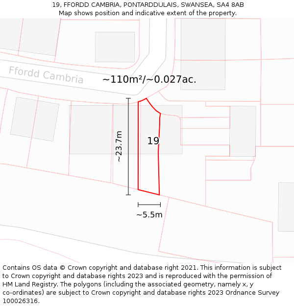 19, FFORDD CAMBRIA, PONTARDDULAIS, SWANSEA, SA4 8AB: Plot and title map