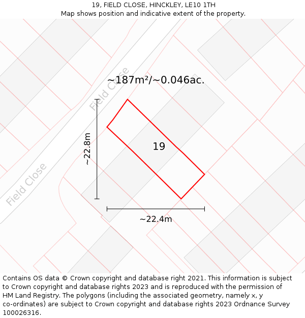 19, FIELD CLOSE, HINCKLEY, LE10 1TH: Plot and title map