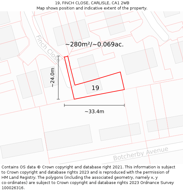 19, FINCH CLOSE, CARLISLE, CA1 2WB: Plot and title map