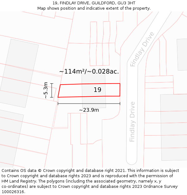 19, FINDLAY DRIVE, GUILDFORD, GU3 3HT: Plot and title map