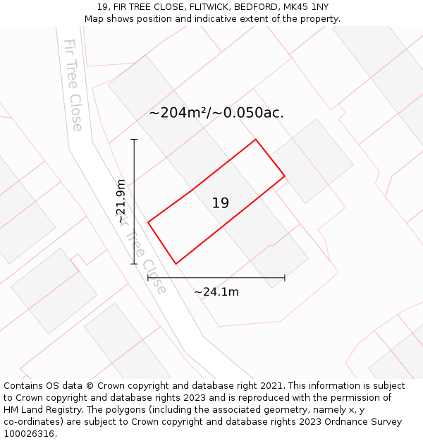 19, FIR TREE CLOSE, FLITWICK, BEDFORD, MK45 1NY: Plot and title map