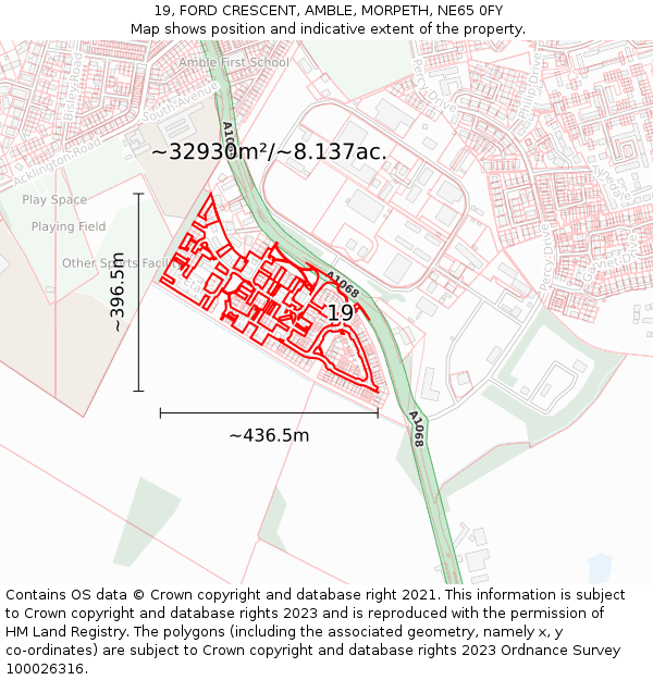 19, FORD CRESCENT, AMBLE, MORPETH, NE65 0FY: Plot and title map