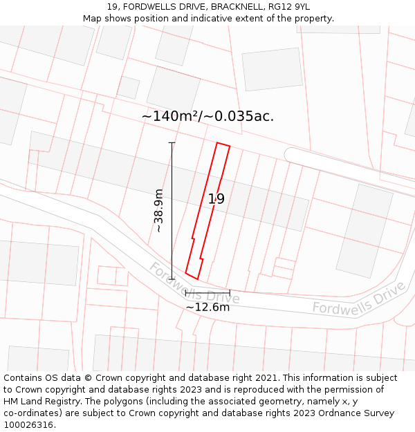 19, FORDWELLS DRIVE, BRACKNELL, RG12 9YL: Plot and title map