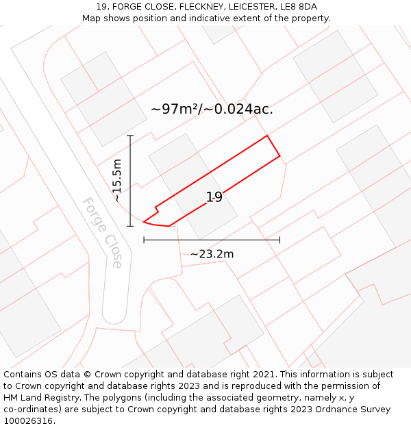 19, FORGE CLOSE, FLECKNEY, LEICESTER, LE8 8DA: Plot and title map