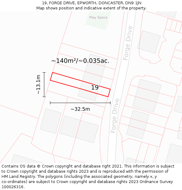 19, FORGE DRIVE, EPWORTH, DONCASTER, DN9 1JN: Plot and title map