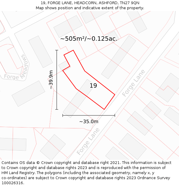 19, FORGE LANE, HEADCORN, ASHFORD, TN27 9QN: Plot and title map