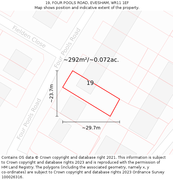 19, FOUR POOLS ROAD, EVESHAM, WR11 1EF: Plot and title map