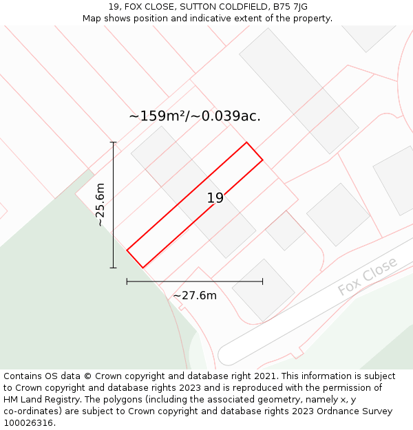 19, FOX CLOSE, SUTTON COLDFIELD, B75 7JG: Plot and title map