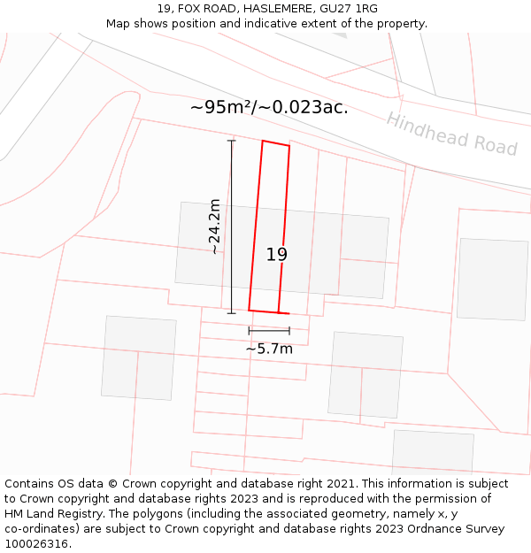 19, FOX ROAD, HASLEMERE, GU27 1RG: Plot and title map