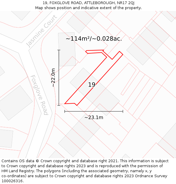 19, FOXGLOVE ROAD, ATTLEBOROUGH, NR17 2QJ: Plot and title map