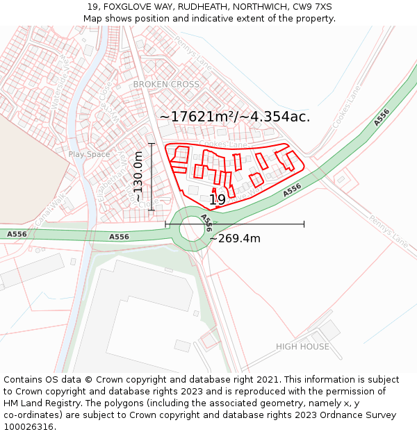 19, FOXGLOVE WAY, RUDHEATH, NORTHWICH, CW9 7XS: Plot and title map