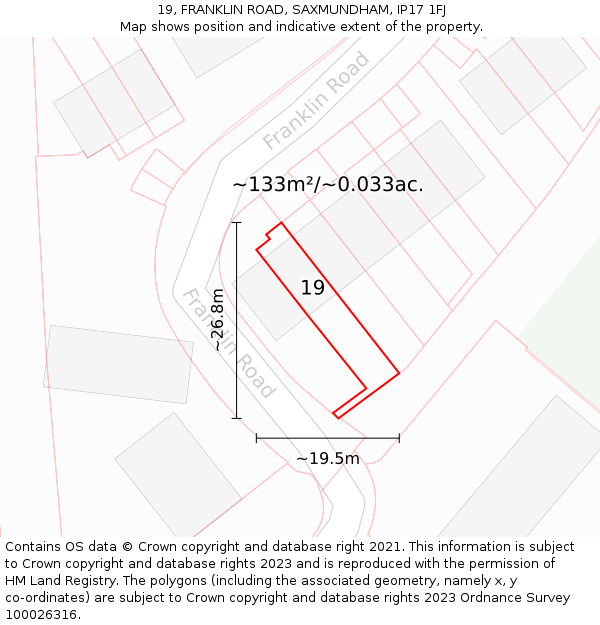 19, FRANKLIN ROAD, SAXMUNDHAM, IP17 1FJ: Plot and title map