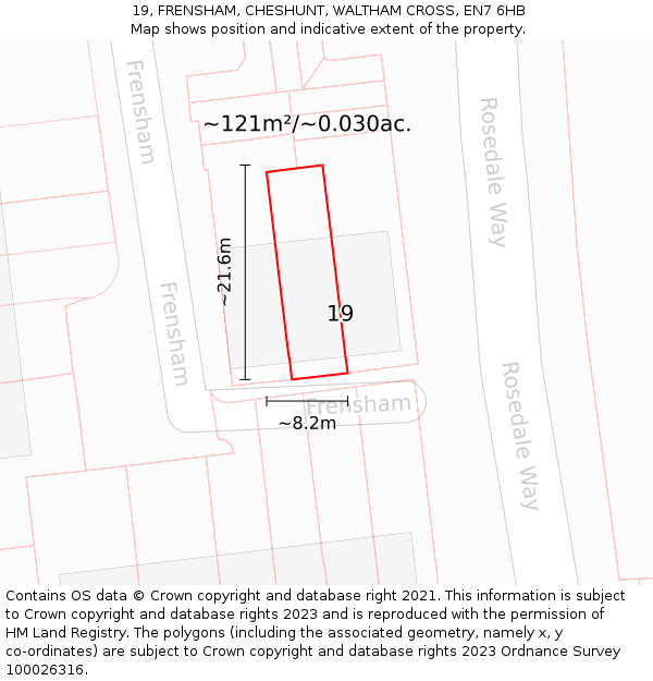 19, FRENSHAM, CHESHUNT, WALTHAM CROSS, EN7 6HB: Plot and title map
