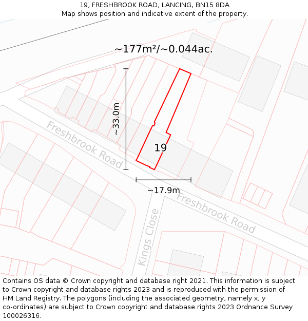 19, FRESHBROOK ROAD, LANCING, BN15 8DA: Plot and title map