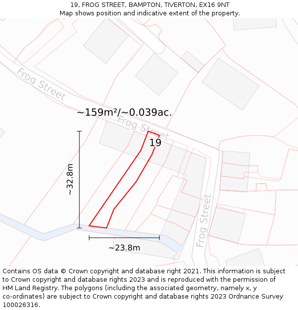 19, FROG STREET, BAMPTON, TIVERTON, EX16 9NT: Plot and title map