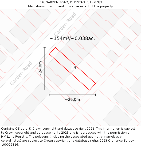 19, GARDEN ROAD, DUNSTABLE, LU6 3JD: Plot and title map