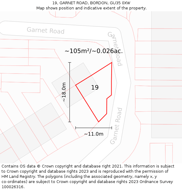 19, GARNET ROAD, BORDON, GU35 0XW: Plot and title map