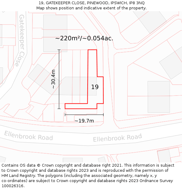19, GATEKEEPER CLOSE, PINEWOOD, IPSWICH, IP8 3NQ: Plot and title map