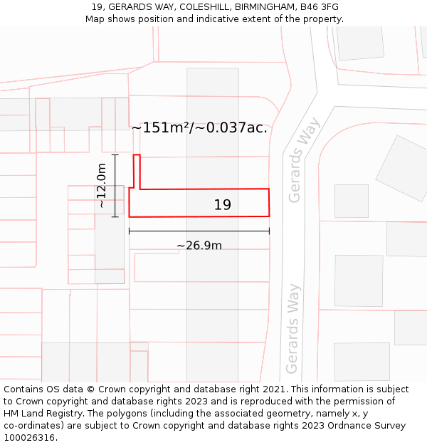 19, GERARDS WAY, COLESHILL, BIRMINGHAM, B46 3FG: Plot and title map